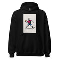 Illustration of a man in red polo and blue shorts throwing a hot dog joyfully Hoodie front view — Wandering With Pride