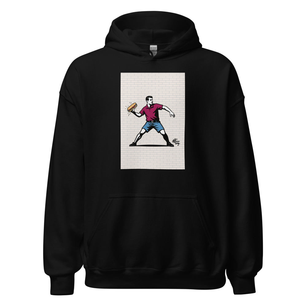 Illustration of a man in red polo and blue shorts throwing a hot dog joyfully Hoodie front view — Wandering With Pride
