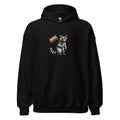 Stylized raccoon wearing sunglasses holding a rainbow flag Hoodie front view — Wandering With Pride