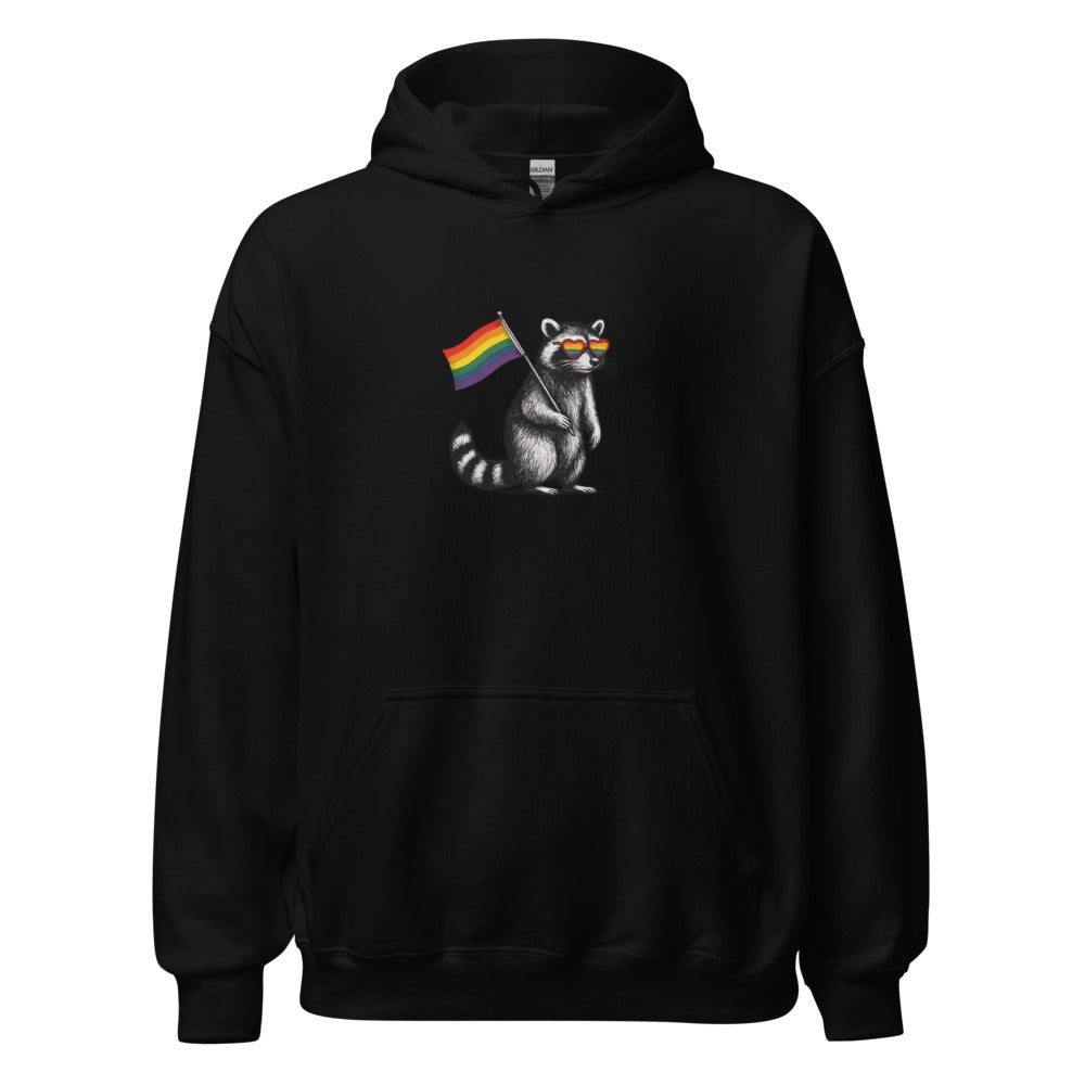 Stylized raccoon wearing sunglasses holding a rainbow flag Hoodie front view — Wandering With Pride