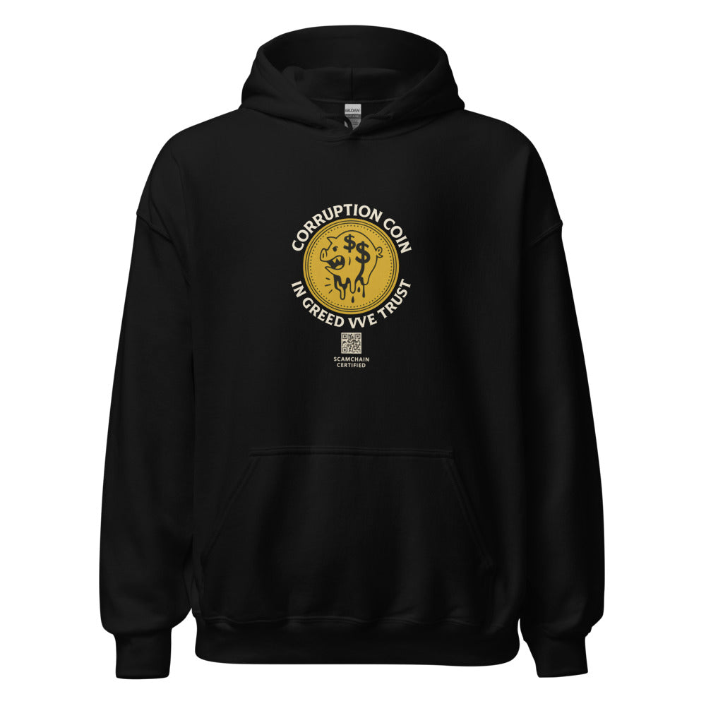Corruption Coin logo illustration Hoodie front view — Wandering With Pride