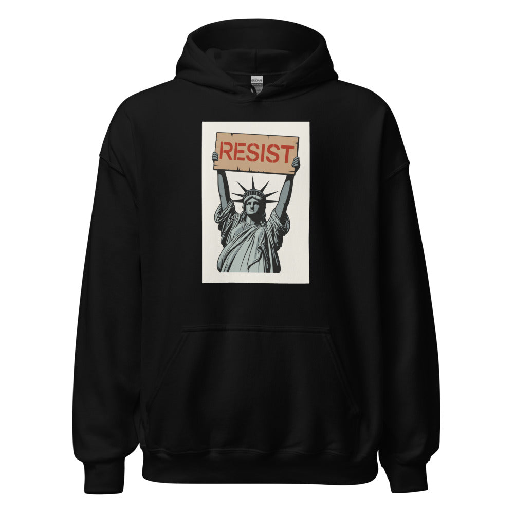 Statue of Liberty holding a 'RESIST' sign Hoodie front view — Wandering With Pride