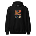 Playful 'Boy Dinner' illustration featuring a pizza slice face, energy drink, protein box, and heart Hoodie front view — Wandering With Pride