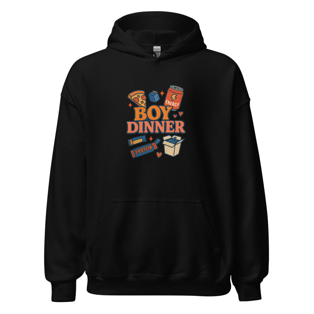 Playful 'Boy Dinner' illustration featuring a pizza slice face, energy drink, protein box, and heart Hoodie front view — Wandering With Pride