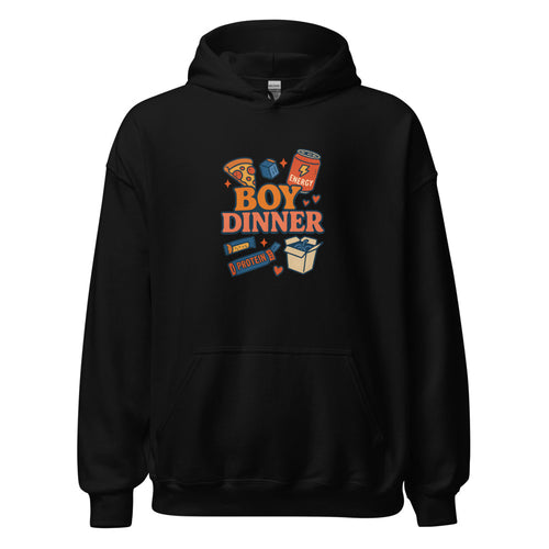 Playful 'Boy Dinner' illustration featuring a pizza slice face, energy drink, protein box, and heart Hoodie front view — Wandering With Pride