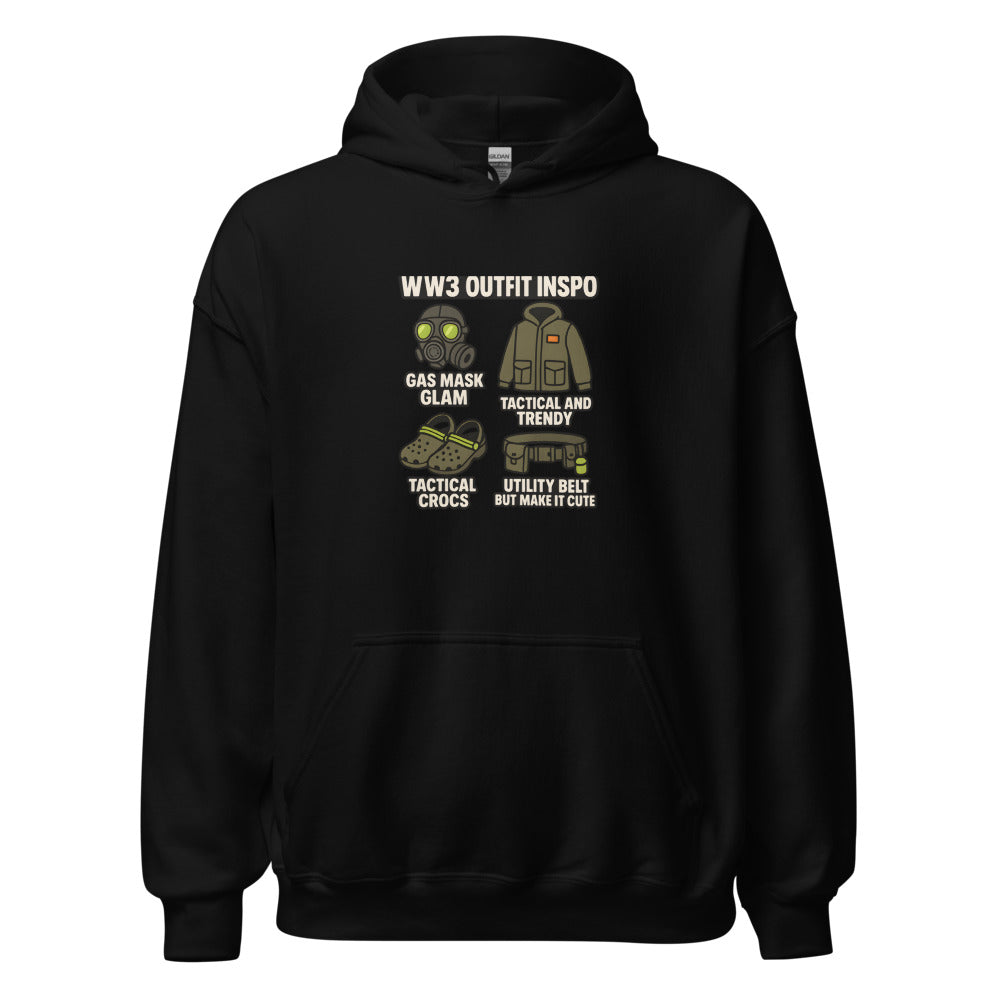 WW3 fashion inspiration poster with gas mask, tactical jacket, and utility belt illustrations Hoodie front view — Wandering With Pride