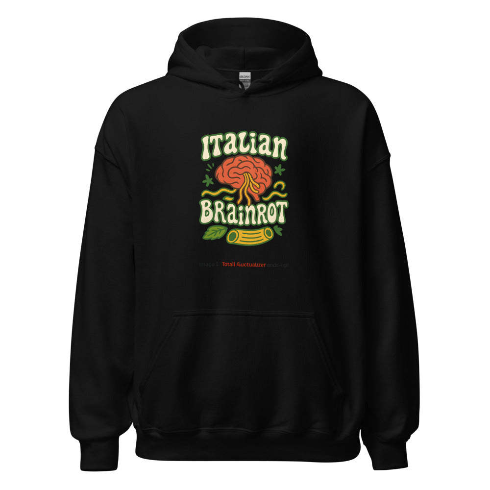 Brain with Italian flag pattern and 'Italian Brainrot' text Hoodie front view — Wandering With Pride