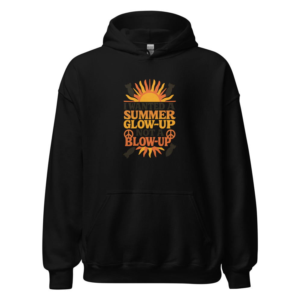 I WANTED A SUMMER GLOW-UP NOT A BLOW-UP illustration with sun/peace sign hybrid Hoodie front view — Wandering With Pride