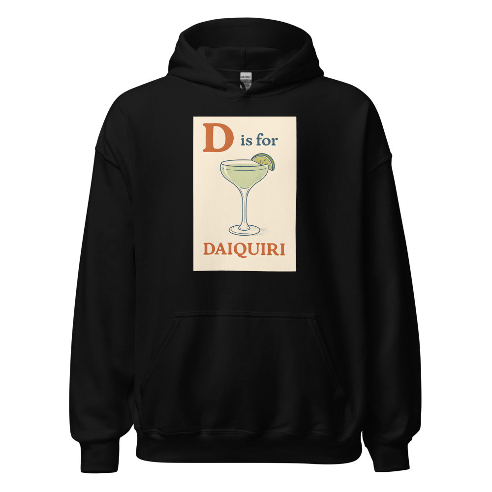D is for Daiquiri typographic illustration Hoodie front view — Wandering With Pride