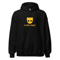 0 FEET AWAY mask-like logo with round eyes Hoodie front view — Wandering With Pride