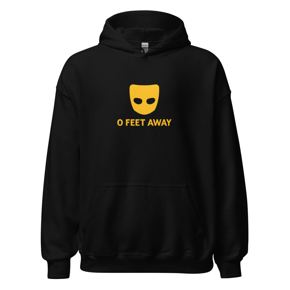 0 FEET AWAY mask-like logo with round eyes Hoodie front view — Wandering With Pride
