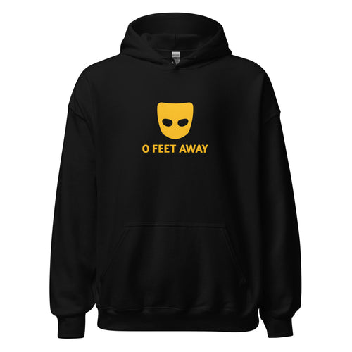 0 FEET AWAY mask-like logo with round eyes Hoodie front view — Wandering With Pride
