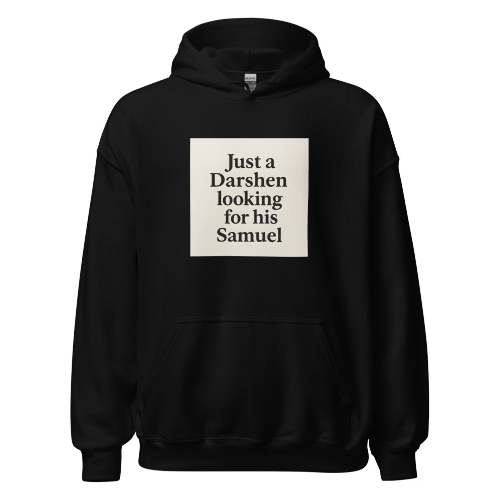 Typography text: 'Just a Darshen looking for his Samuel' Hoodie front view — Wandering With Pride