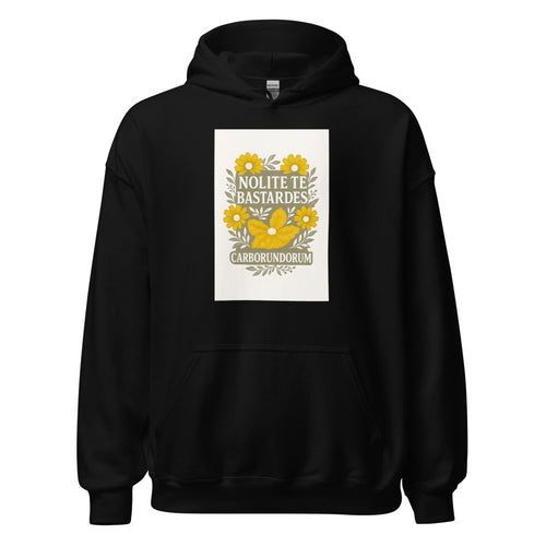 Stylized female head and leaf with NOLITE TE BASTARDES resistance code Hoodie front view — Wandering With Pride