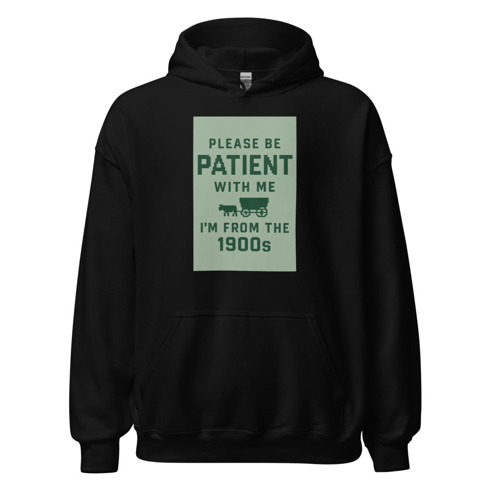 Typography parodying 1900s-era 'Patience' slogans with a sassy twist Hoodie front view — Wandering With Pride