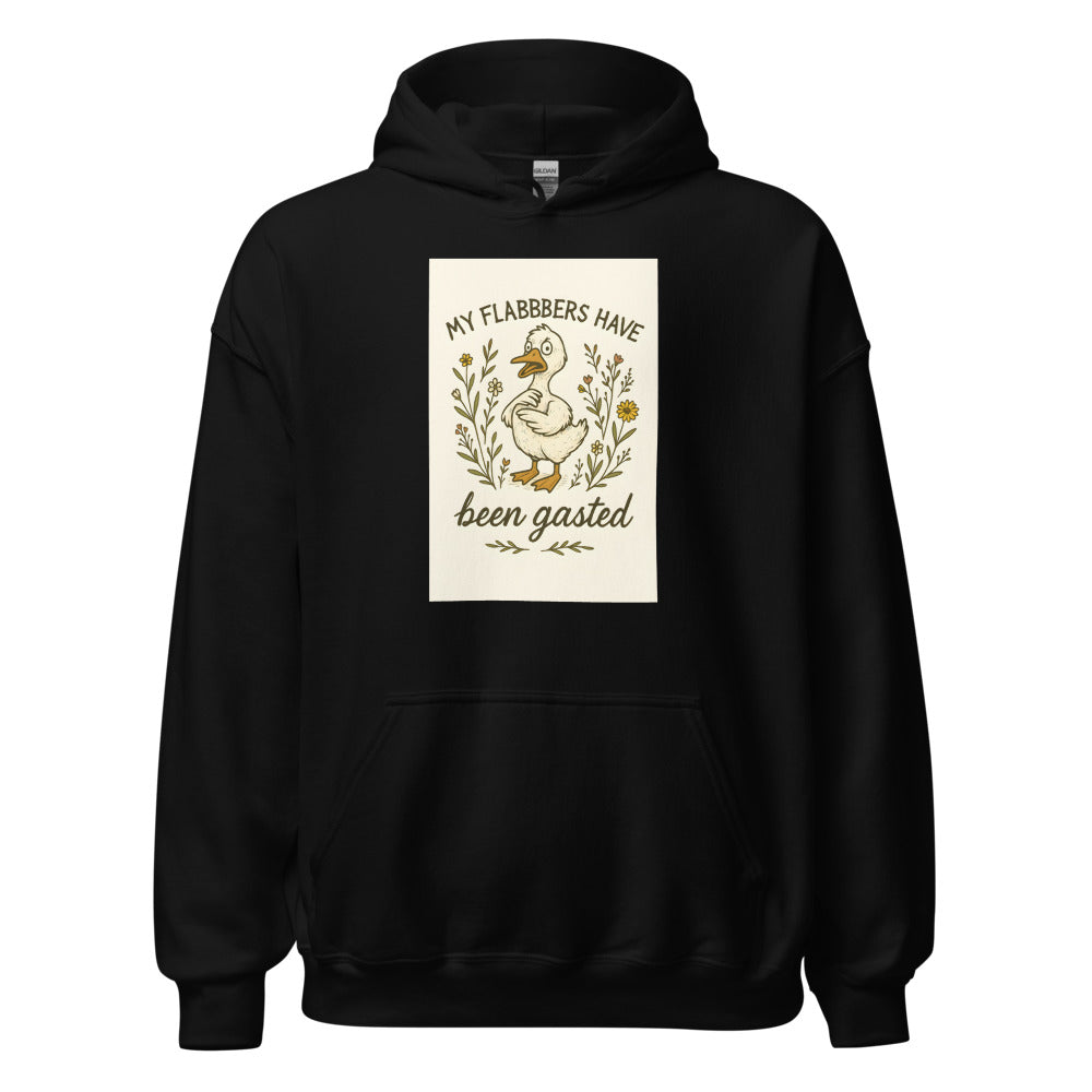 cartoon duck with surprised expression surrounded by flowers and leaves, text 'My flabber's been gasted' Hoodie front view — Wandering With Pride