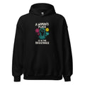 fist with tree roots and flower illustration with text 'A Woman's Place is in the Resistance' Hoodie front view — Wandering With Pride
