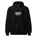 Black bear illustration with circular sunburst chest design Hoodie front view — Wandering With Pride