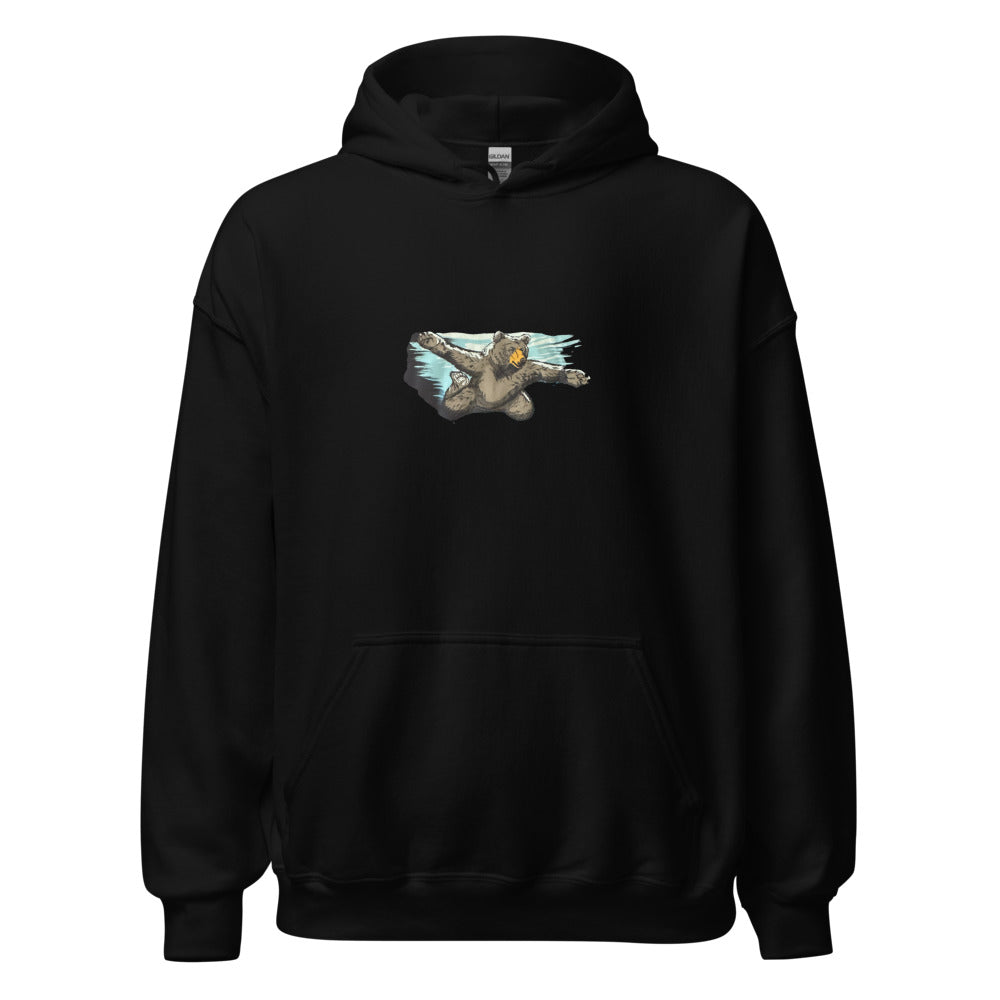 Black bear illustration with circular sunburst chest design Hoodie front view — Wandering With Pride