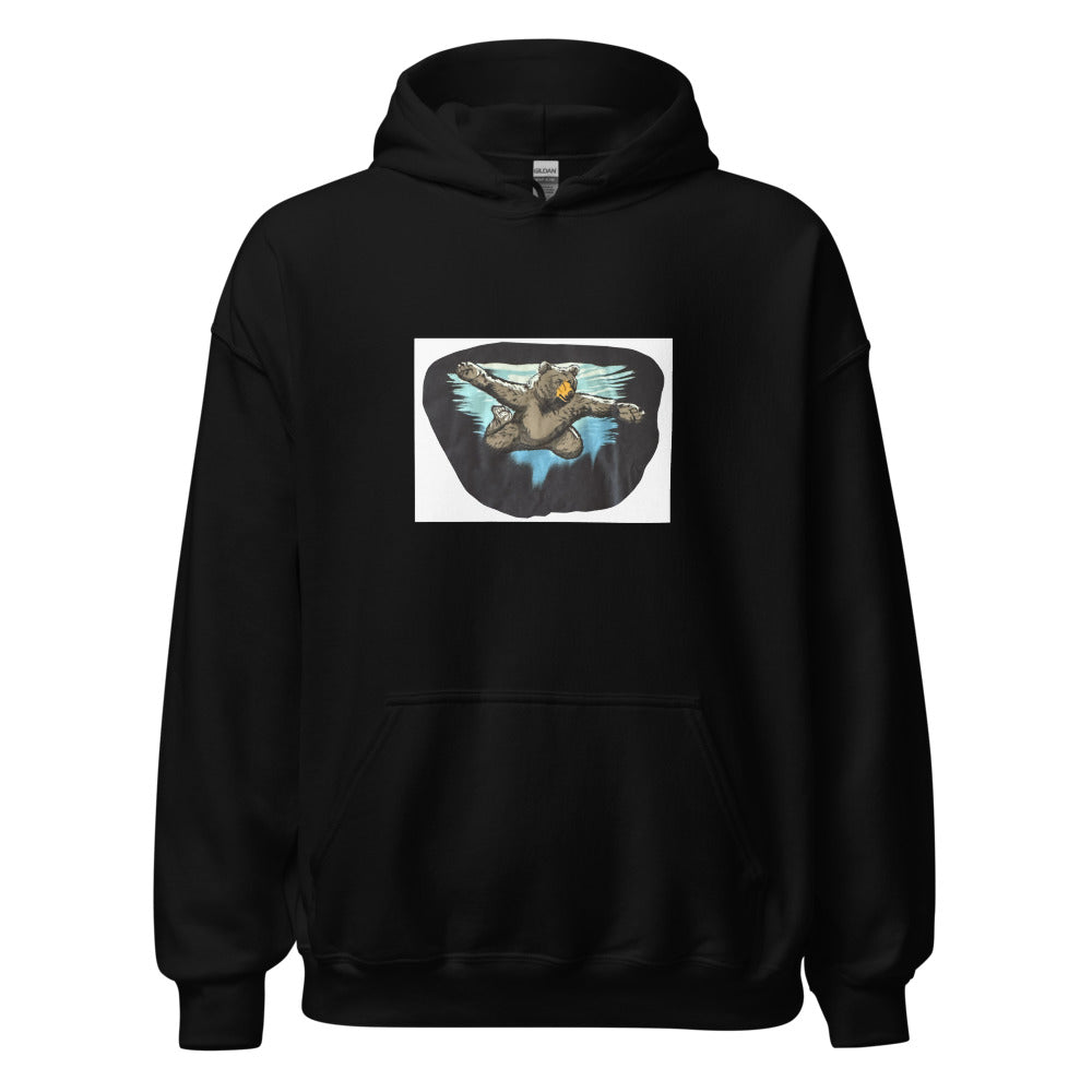 bear illustration in mid-air flight pose Hoodie front view — Wandering With Pride