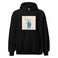Pencil-drawn teddy bear in blue overalls holding a deflated balloon Hoodie front view — Wandering With Pride