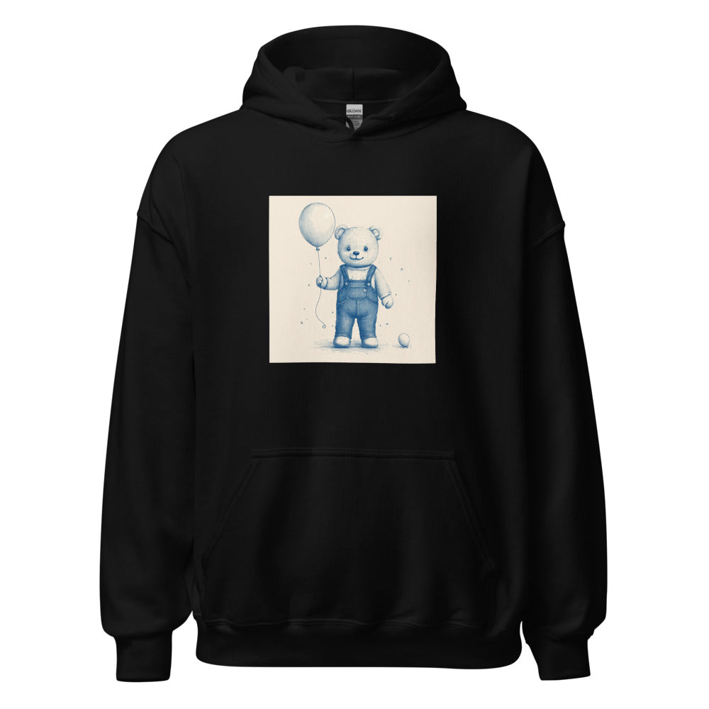 Pencil-drawn teddy bear in blue overalls holding a deflated balloon Hoodie front view — Wandering With Pride