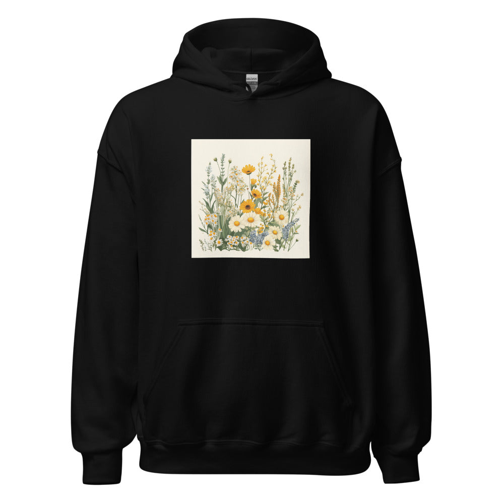 vibrant wildflower bouquet illustration with layered blooms and naturalistic arrangement Hoodie front view — Wandering With Pride