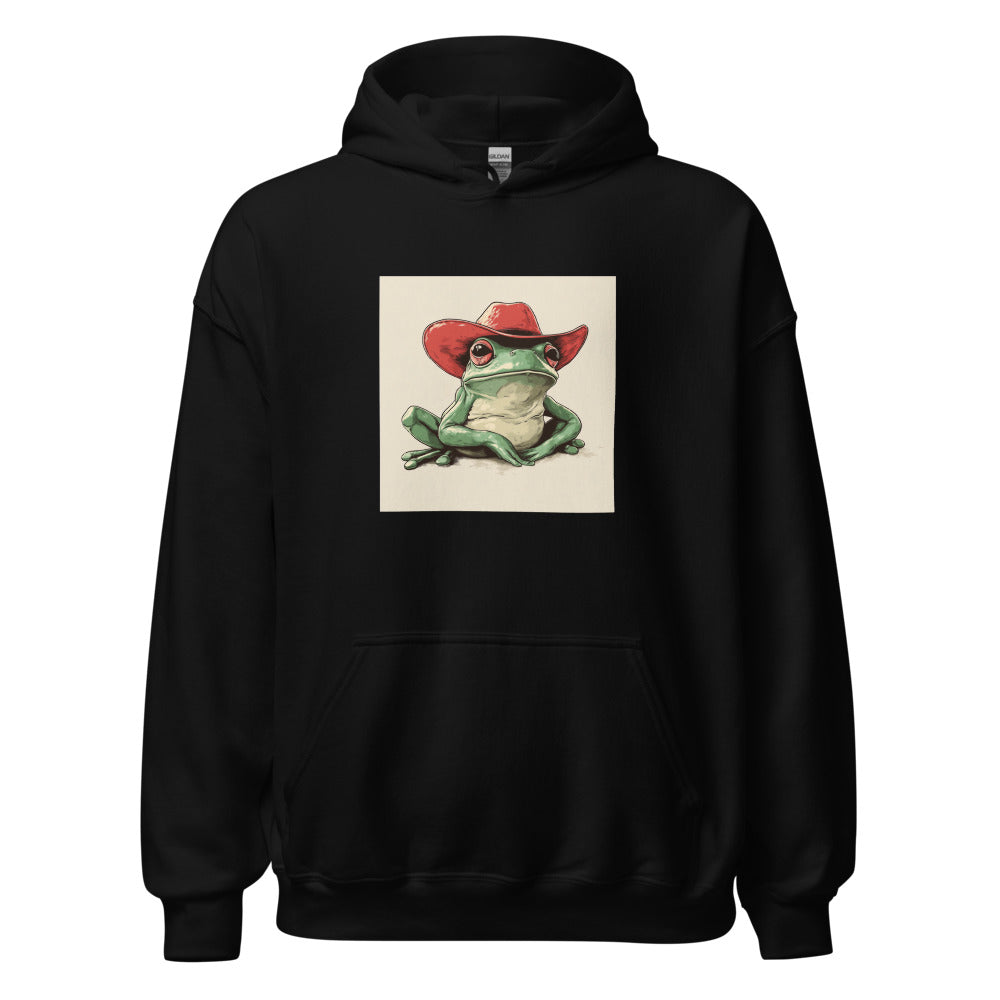 frog wearing a cowboy hat illustration Hoodie front view — Wandering With Pride