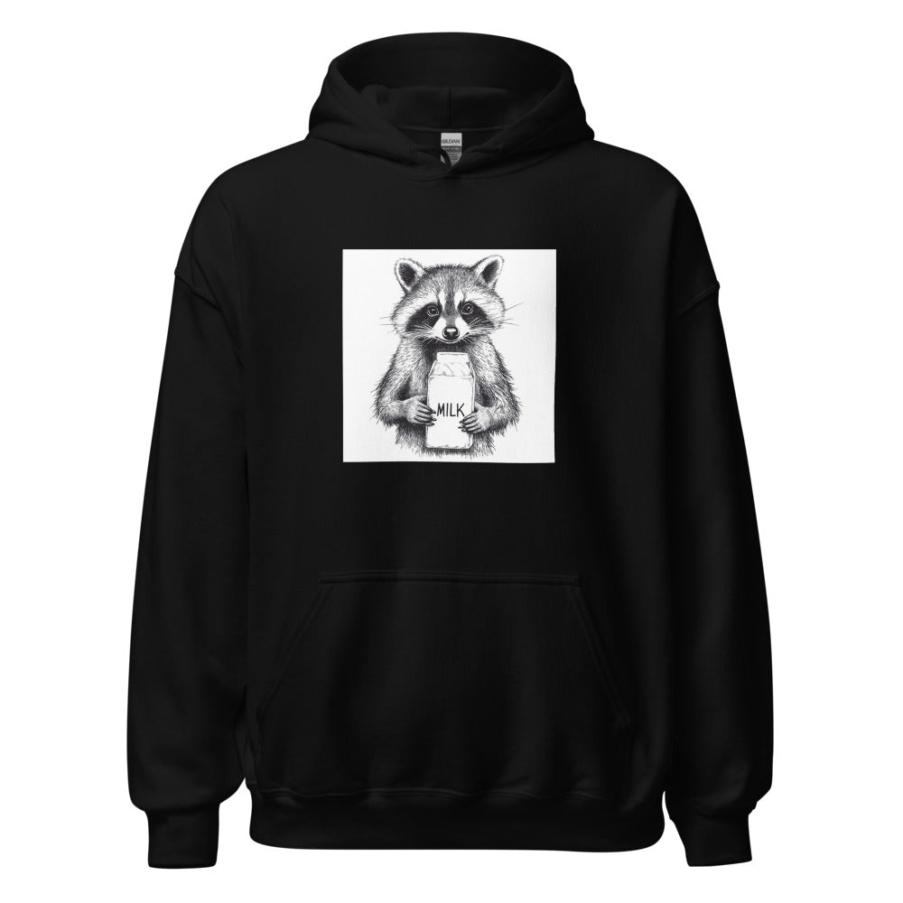 cartoon raccoon holding a milk bottle Hoodie front view — Wandering With Pride