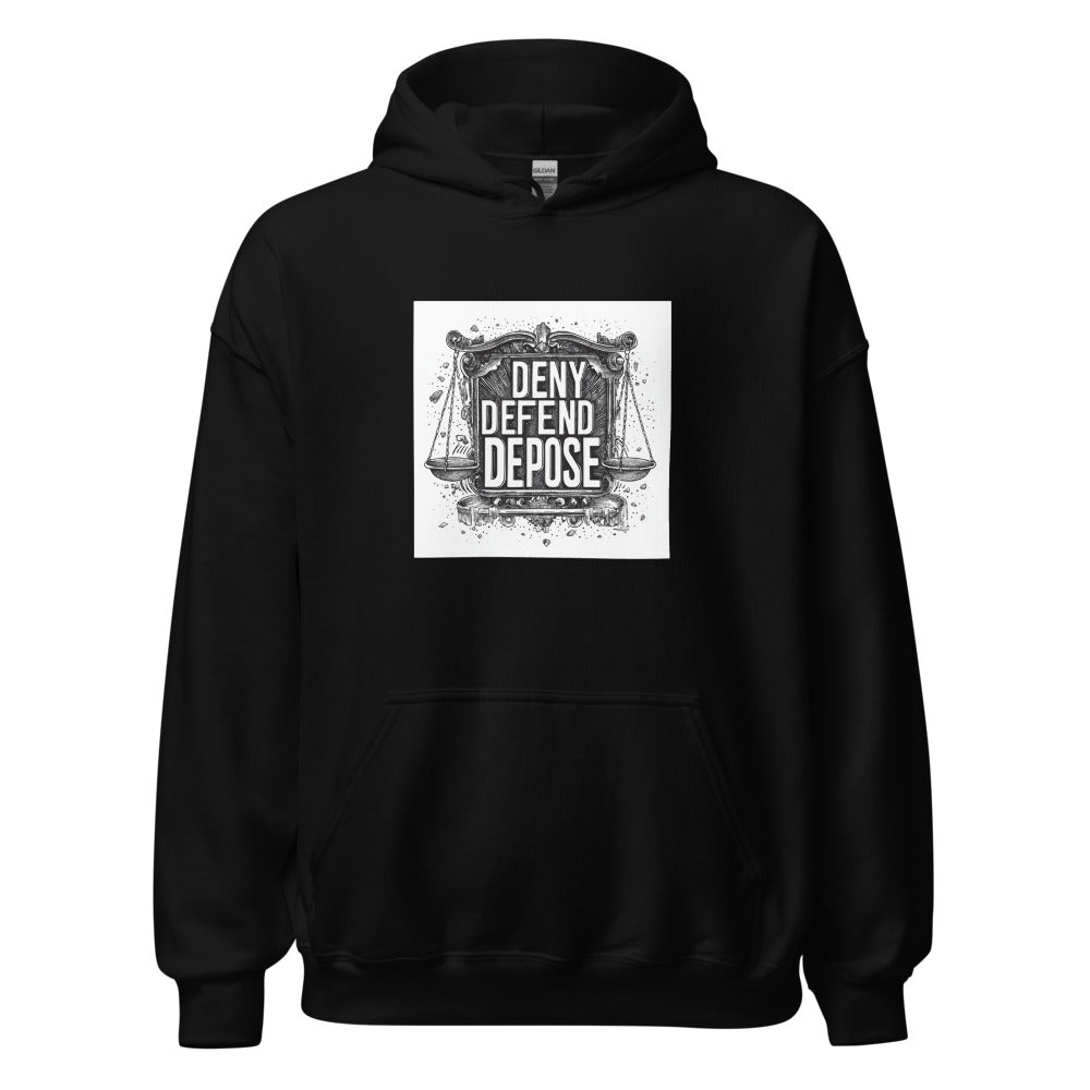 scale with sword and book illustration with 'DENY DEFEND DEPOSE' text Hoodie front view — Wandering With Pride