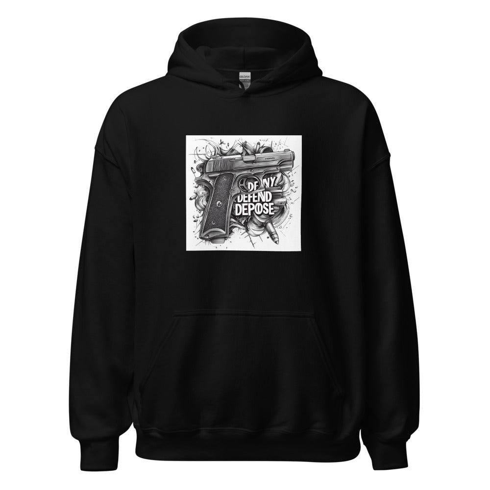Handgun illustration with 'DEFEND NY' text in the barrel Hoodie front view — Wandering With Pride