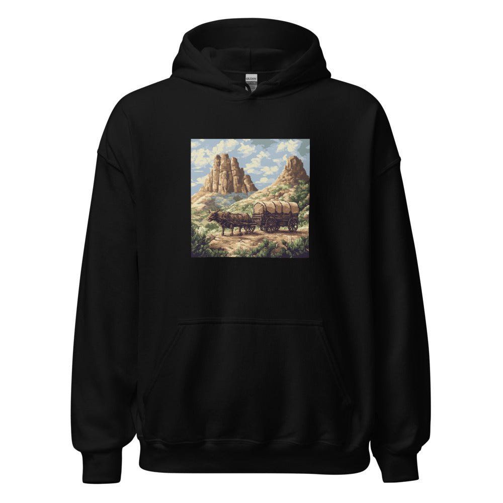 covered wagon illustration with mountain backdrop Hoodie front view — Wandering With Pride
