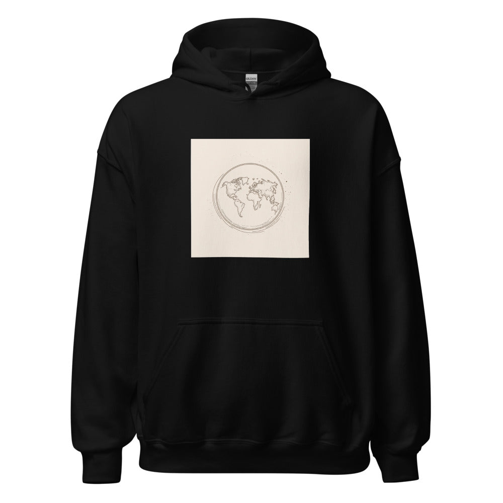 stylized hand-drawn globe illustration Hoodie front view — Wandering With Pride