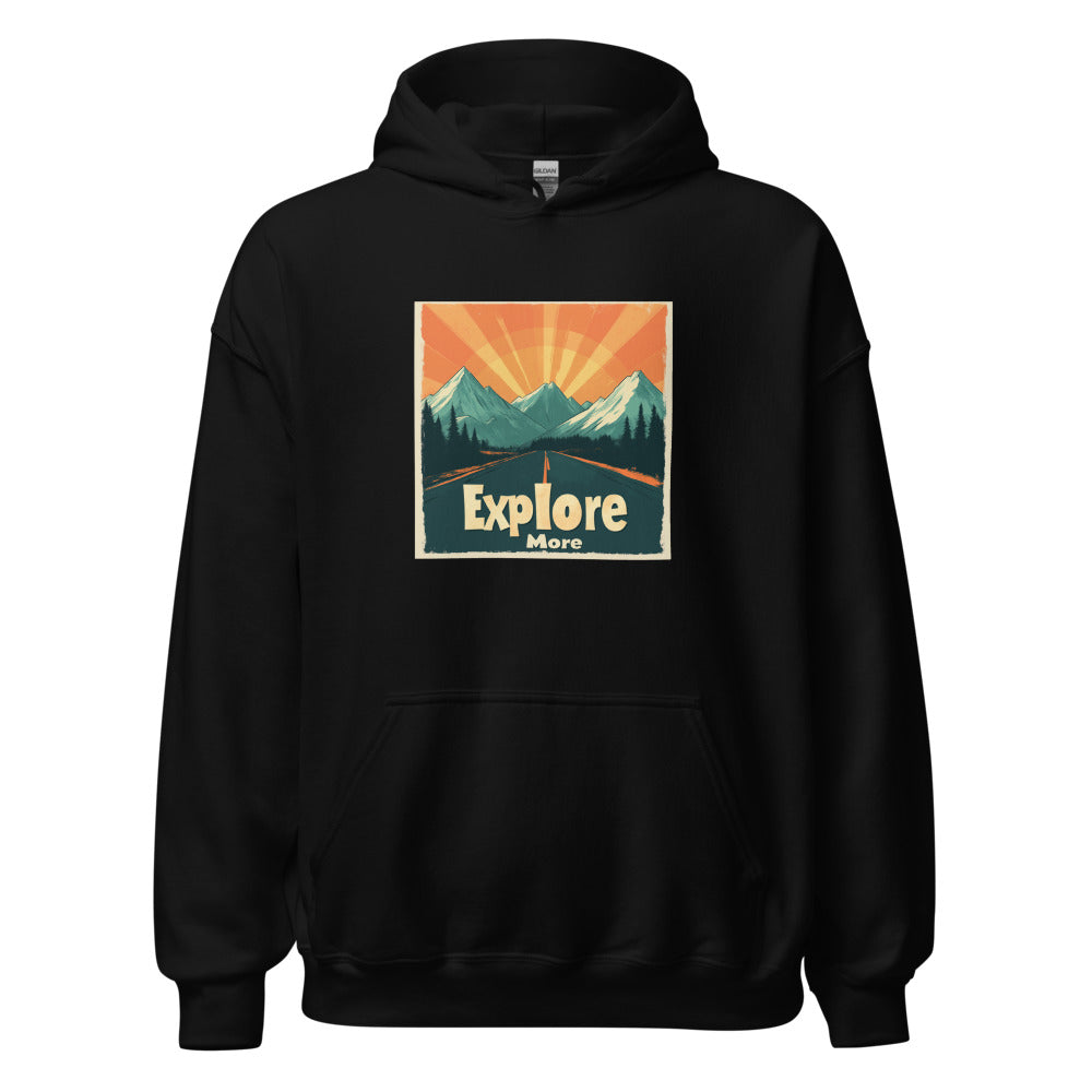 retro-style mountain range and road illustration at sunset Hoodie front view — Wandering With Pride