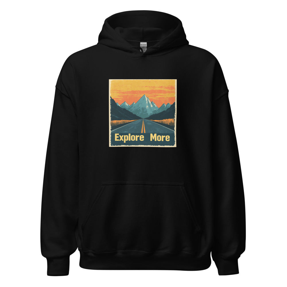 Mountain Range Adventure Illustration with 'Explore More' text Hoodie front view — Wandering With Pride
