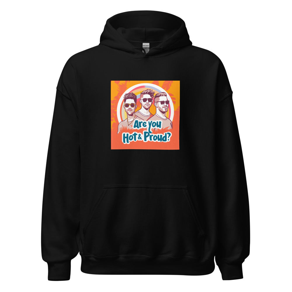 cartoon-style portrait of two men with sunglasses, bold graphic style Hoodie front view — Wandering With Pride
