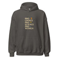 PRO CHOICE PRO SCIENCE PRO WOMEN typography with rainbow fist illustration integrated into the P Hoodie front view — Wandering With Pride
