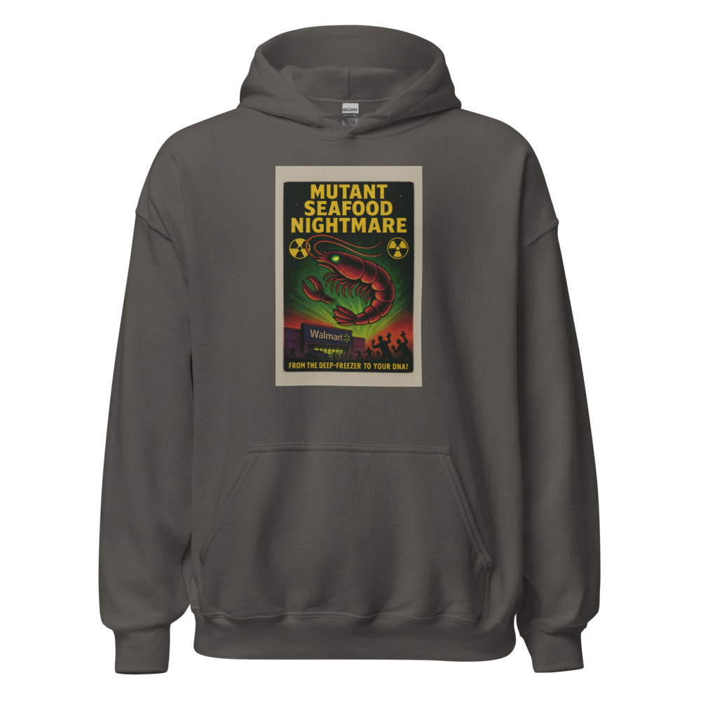 Mutant Seafood Nightmare restaurant poster with grotesque mutated seafood creature Hoodie front view — Wandering With Pride