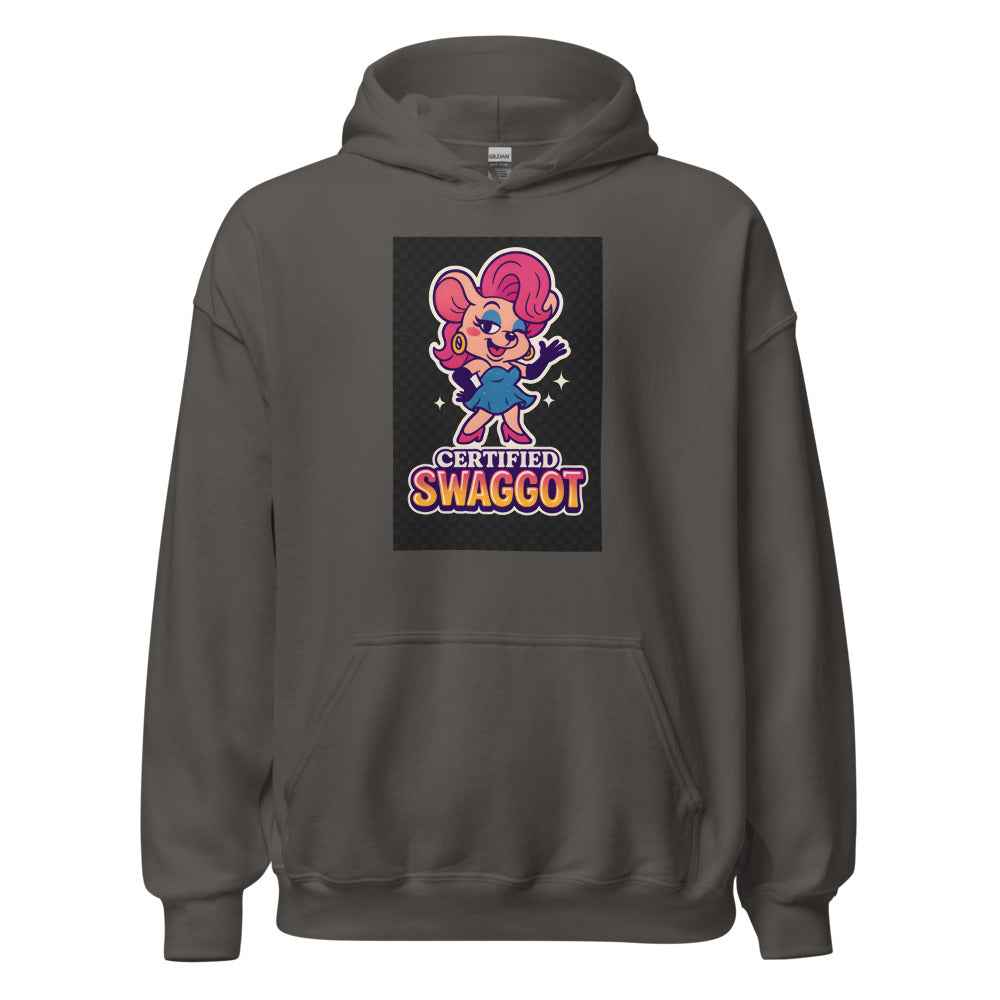 Cartoon illustration of RuPaul with an exaggerated 'M'-shaped hairline and playful expression Hoodie front view — Wandering With Pride