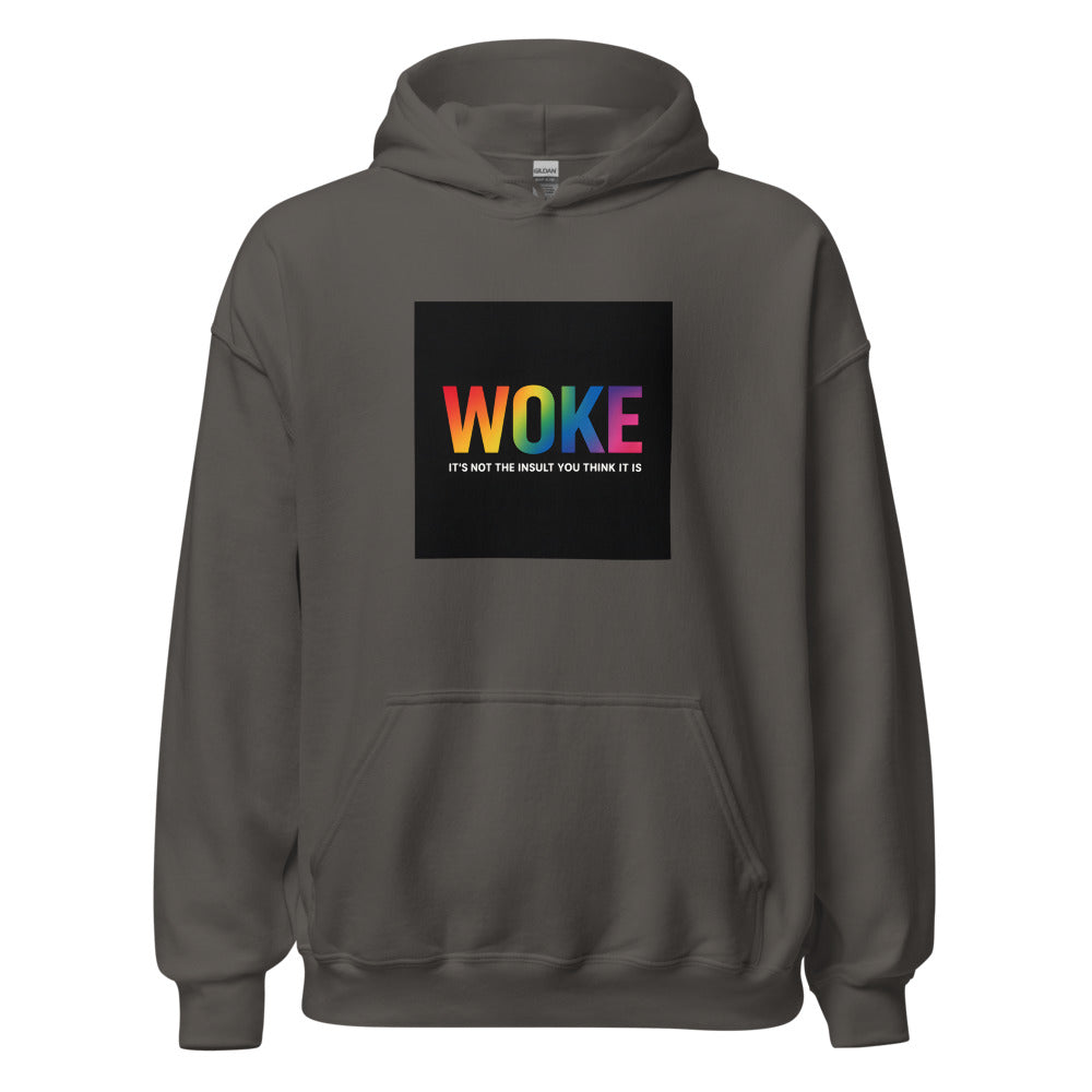 W O K E typography Hoodie front view — Wandering With Pride
