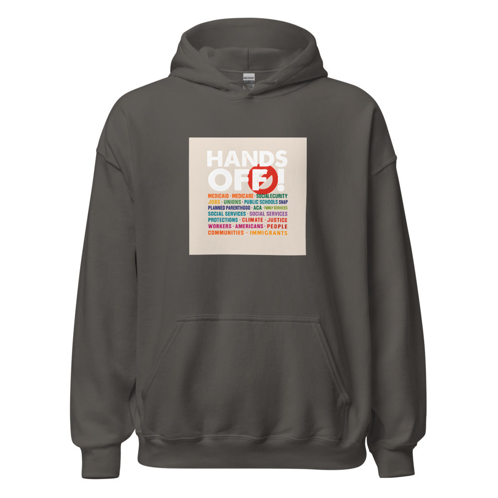 Hands Off! protest poster with a red Apple-bitten exclamation mark and fragmented acronyms/words Hoodie front view — Wandering With Pride