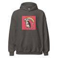 Cartoon-style rat with rainbow-gradient tail on red background Hoodie front view — Wandering With Pride