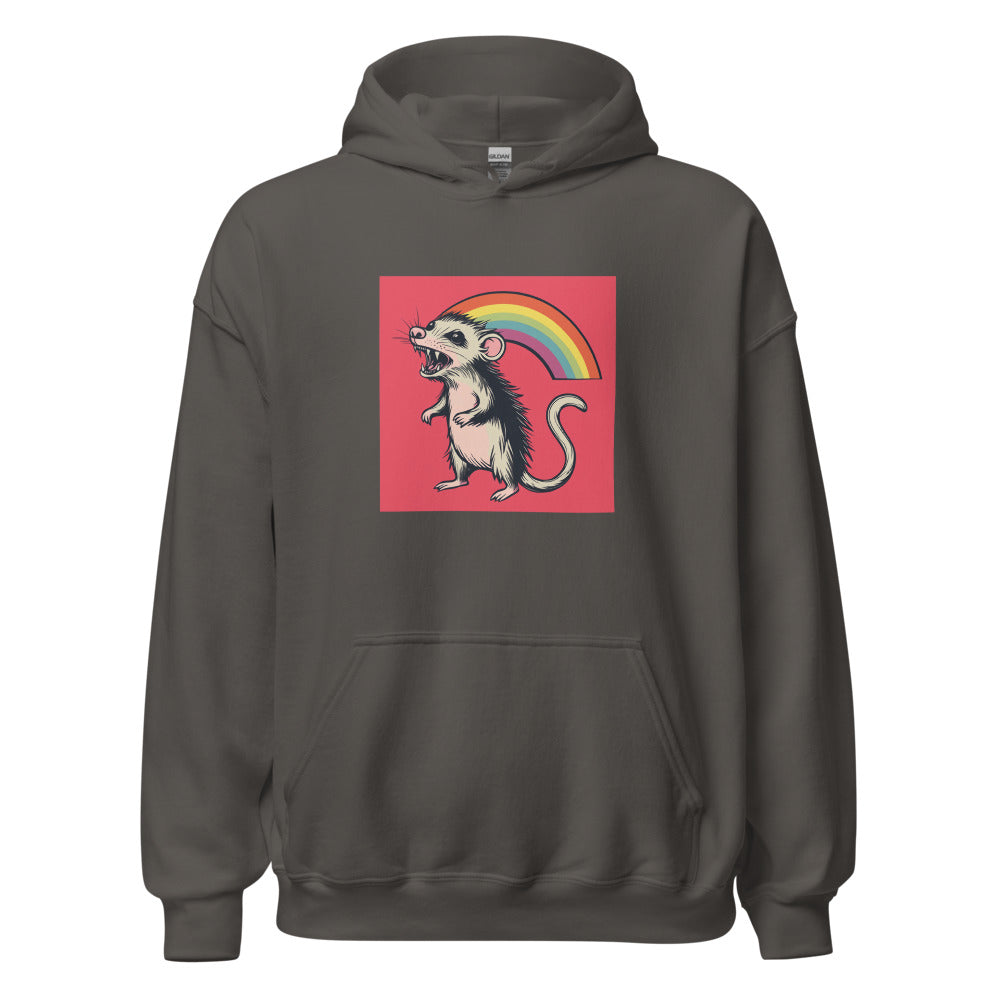 Cartoon-style rat with rainbow-gradient tail on red background Hoodie front view — Wandering With Pride