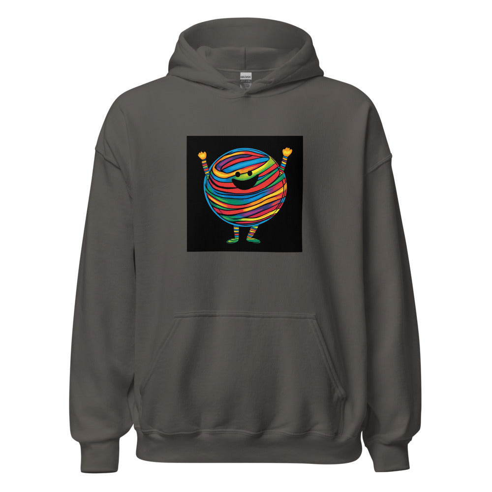 Smiling anthropomorphic striped ball with raised arms and a V-shape Hoodie front view — Wandering With Pride