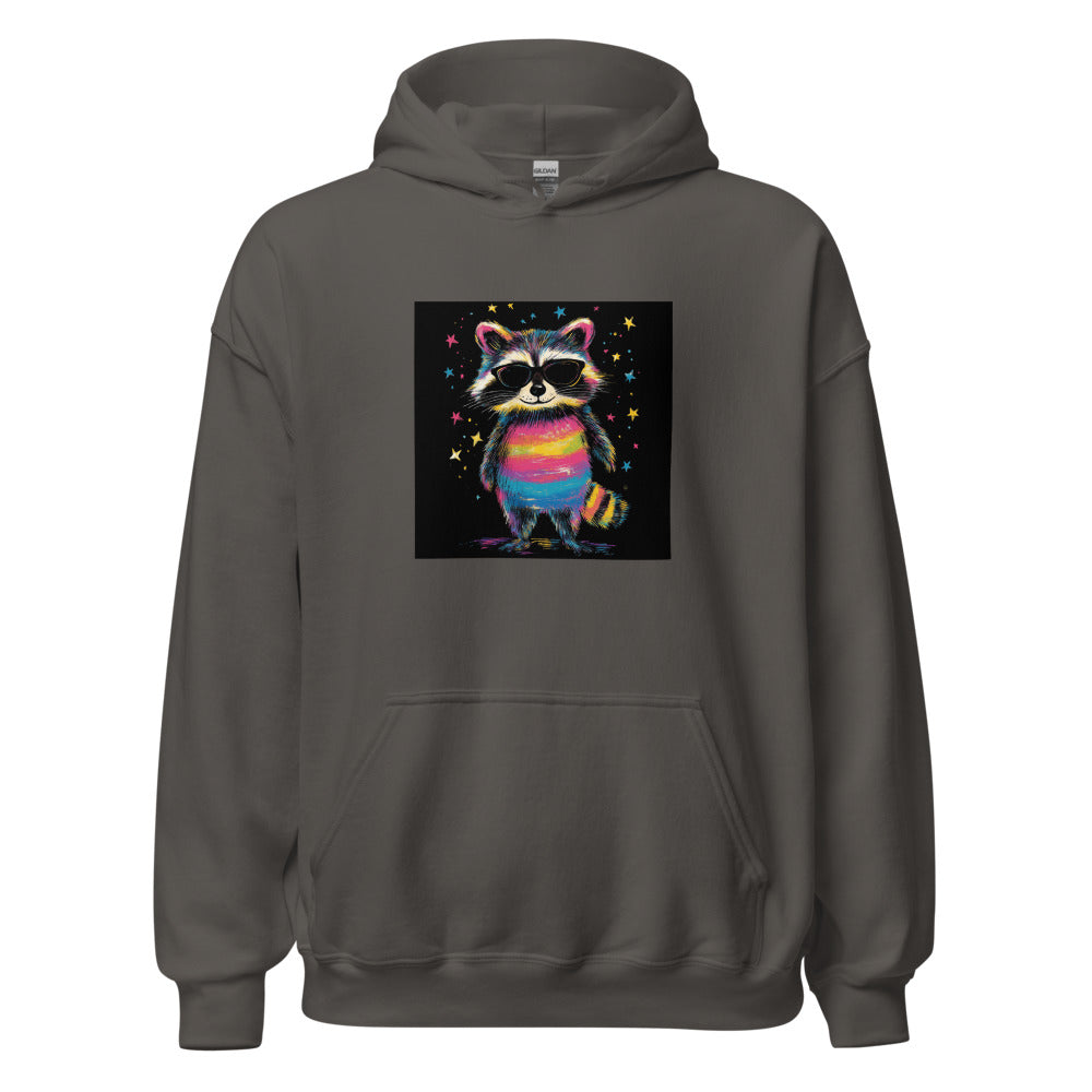 rainbow raccoon illustration with sunglasses and hat under stars and crescent moon Hoodie front view — Wandering With Pride