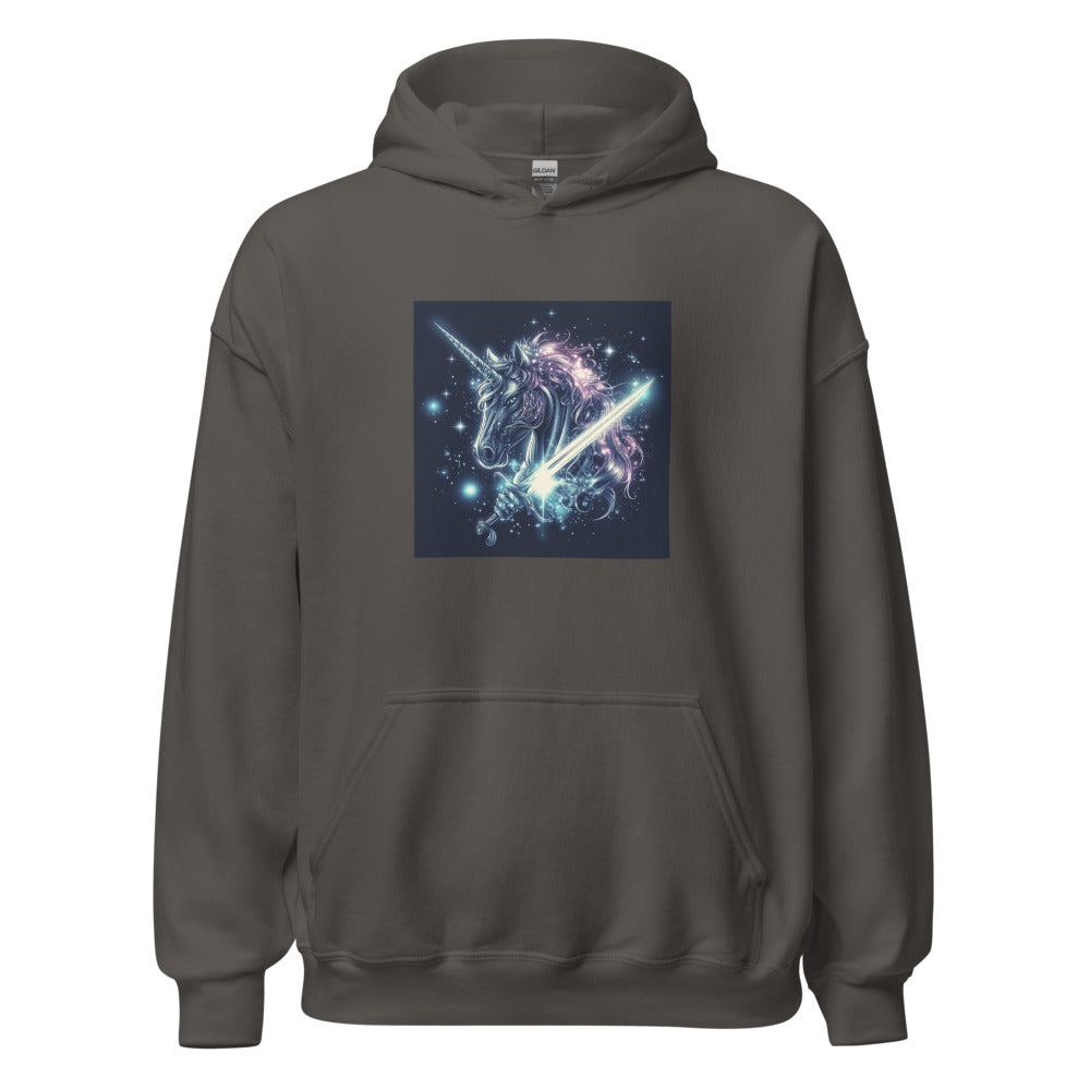 unicorn's head with a sword through its body, metallic-crystalline style Hoodie front view — Wandering With Pride