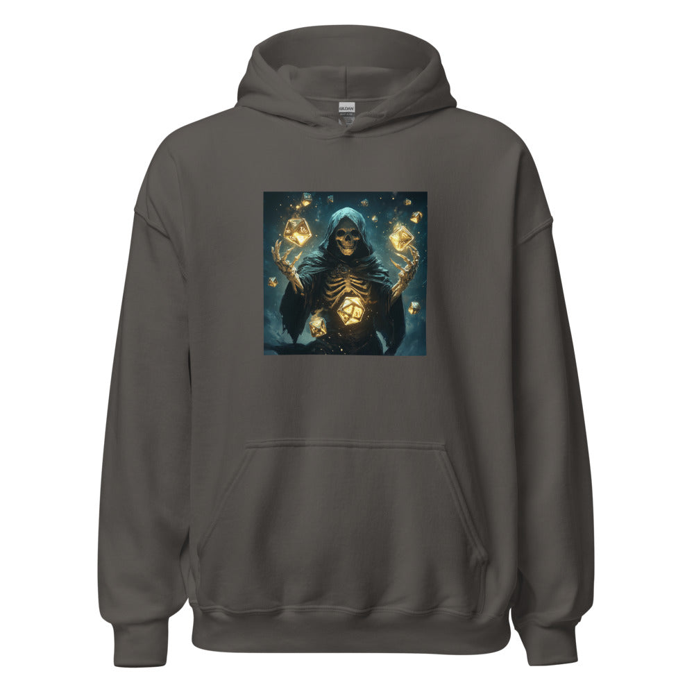 skeleton holding glowing d20 dice in a hooded cloak Hoodie front view — Wandering With Pride
