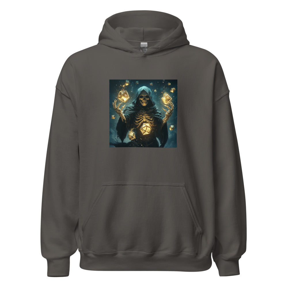 skeleton holding two dice in a mystical dark atmosphere Hoodie front view — Wandering With Pride