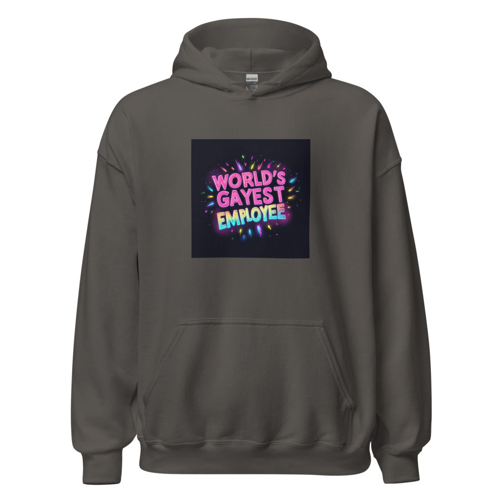 World's Gayest Employee typography Hoodie front view — Wandering With Pride