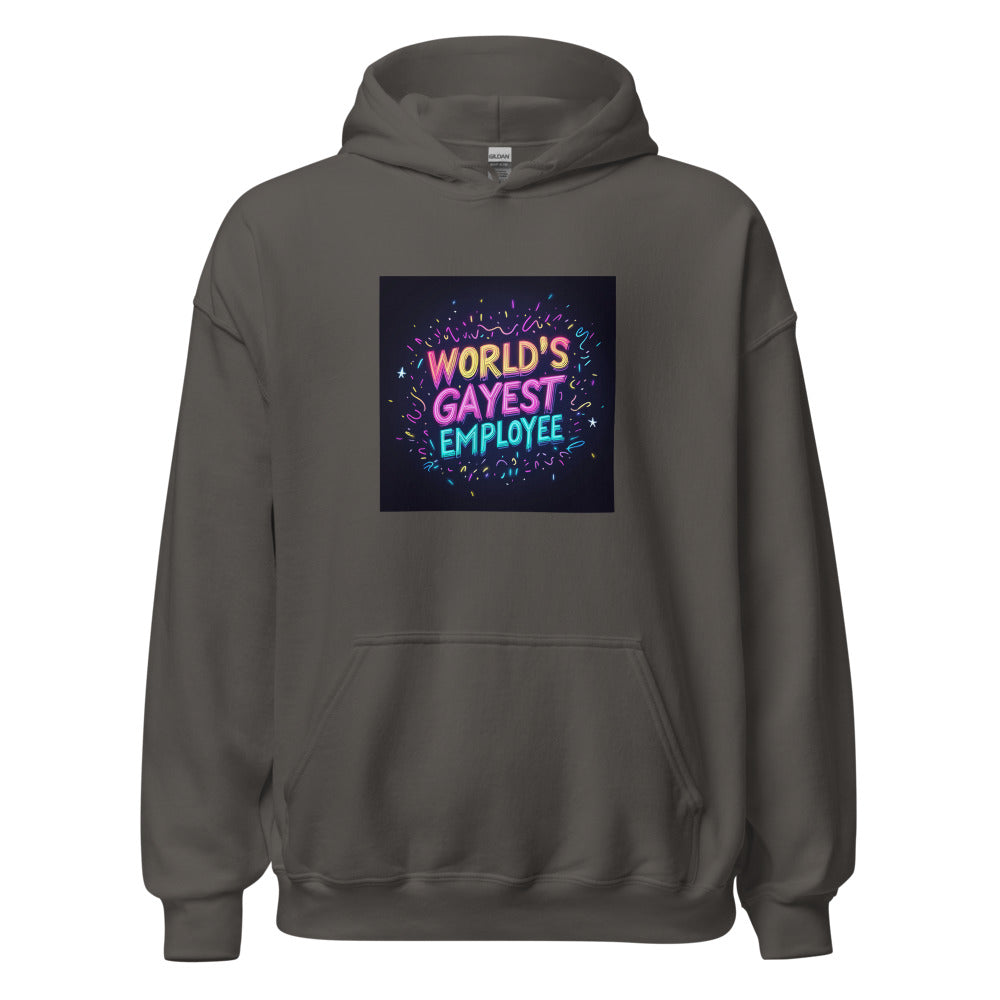 cartoon cat-bird hybrid illustration with 'WORLDS GAYEST EMPLOYEE' text Hoodie front view — Wandering With Pride